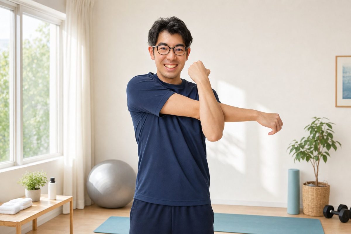 全身でストレッチする男性