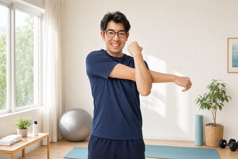 全身でストレッチする男性