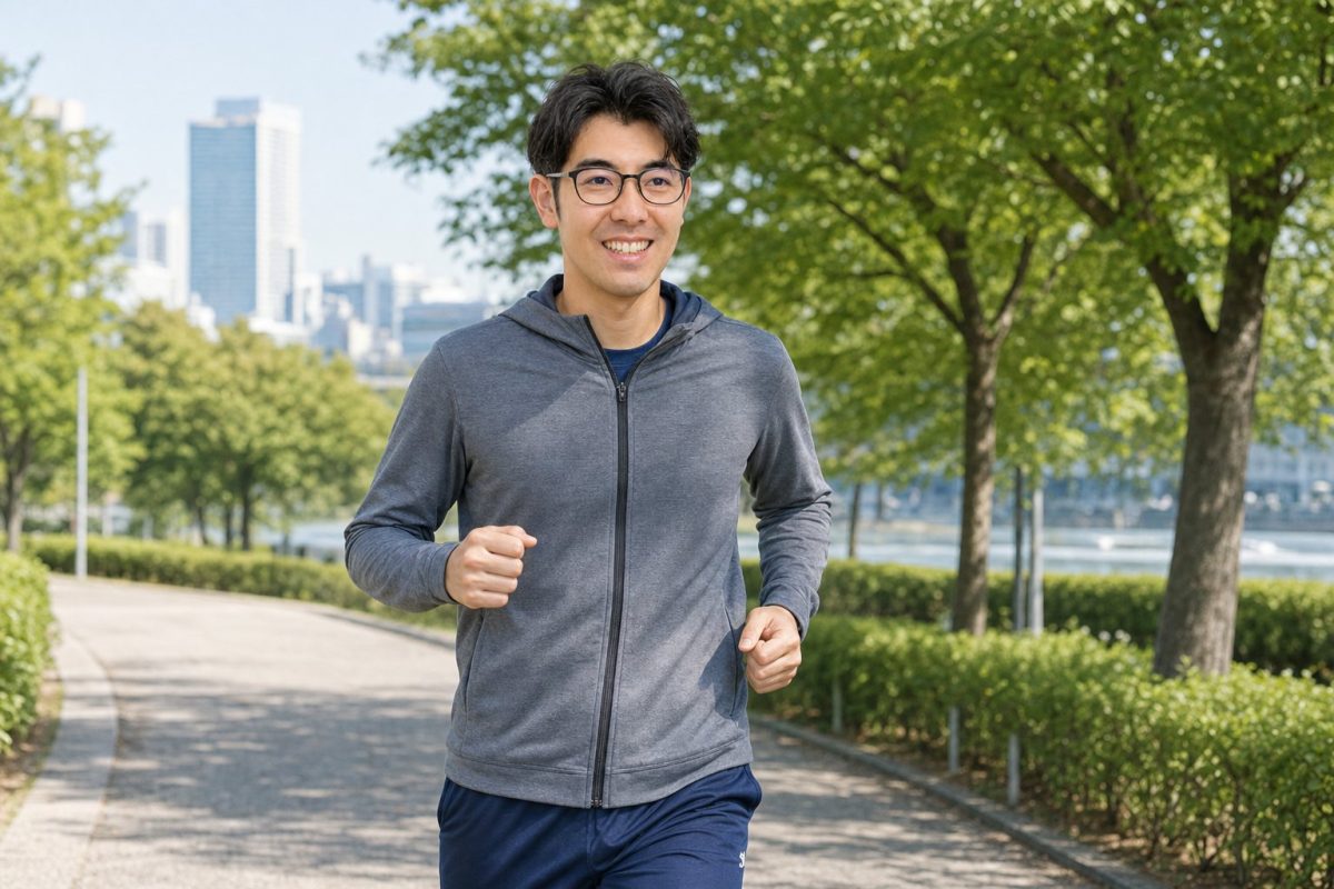 朝日の中を走る男性