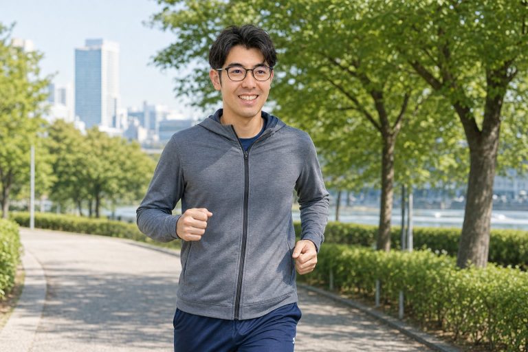 朝日の中を走る男性