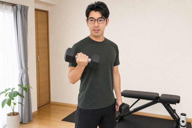 ダンベルカールをする男性