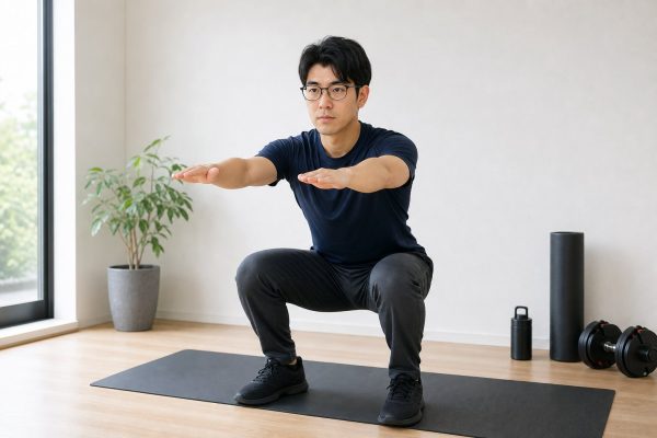 自宅でスクワットに励む男性