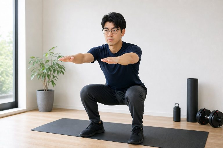 自宅でスクワットに励む男性