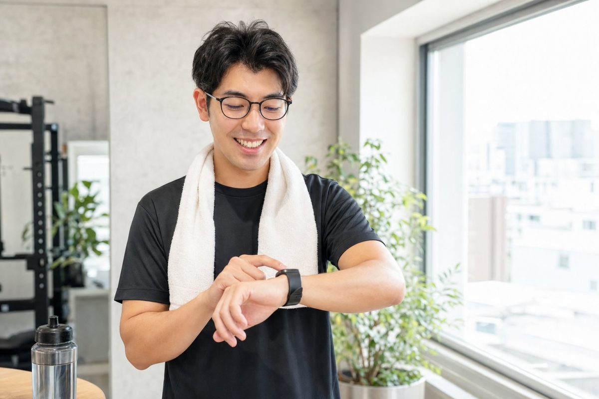 スマートウォッチで成果を確かめる男性