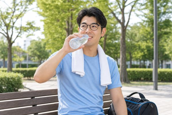 運動の合間に水を飲む男性