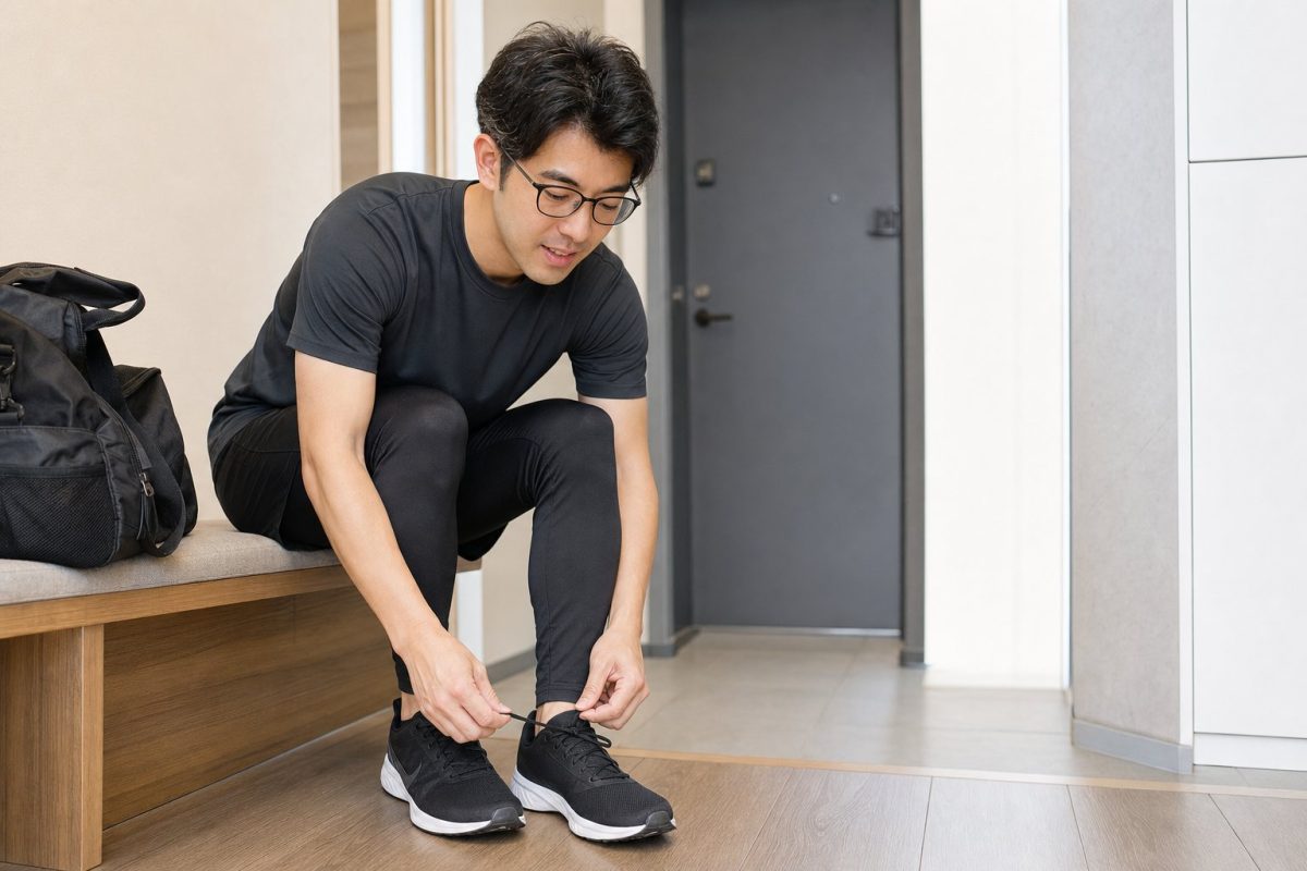 ランニングシューズを整える男性