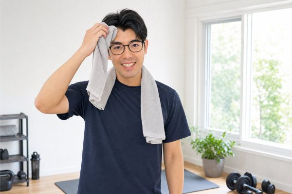 運動後にタオルを首にかける男性