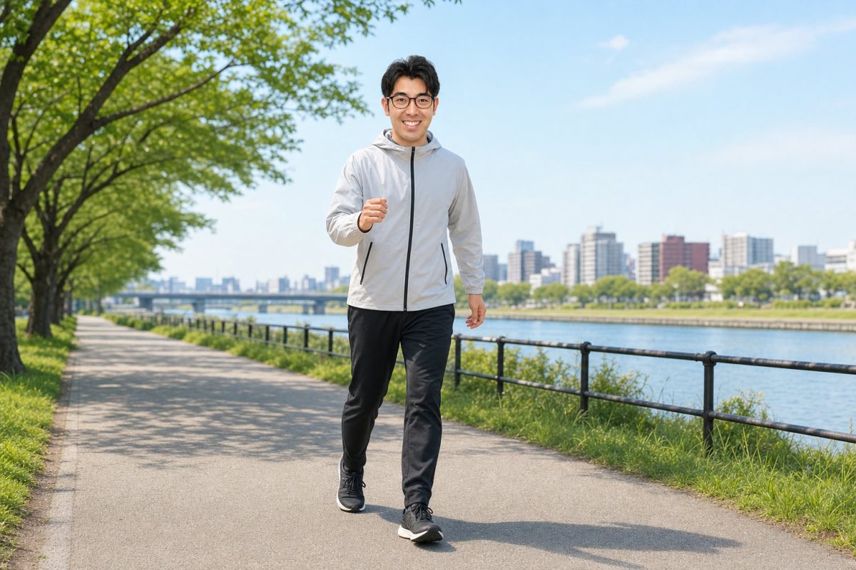 公園を軽快に歩く男性