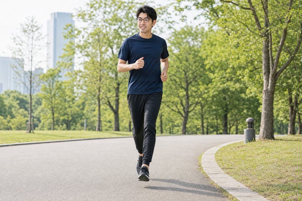 朝ランニングするメガネの男性