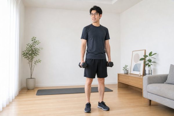 自宅でダンベル運動するメガネの男性