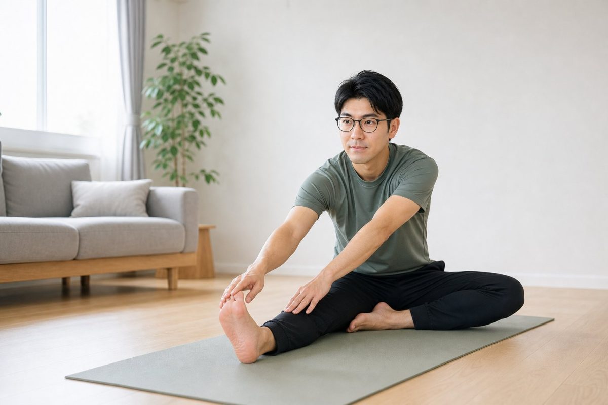 ヨガでストレッチするメガネの男性