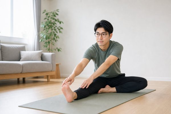 ヨガでストレッチするメガネの男性