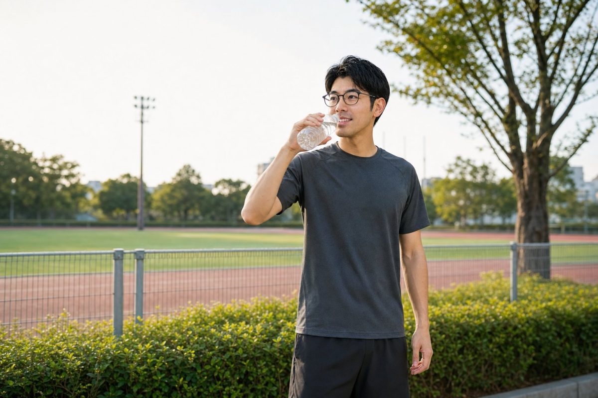 運動後に水分をとるメガネの男性