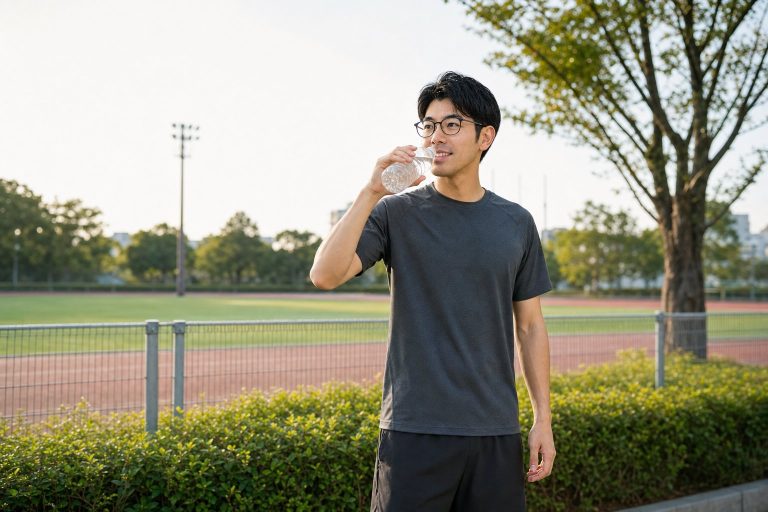 運動後に水分をとるメガネの男性