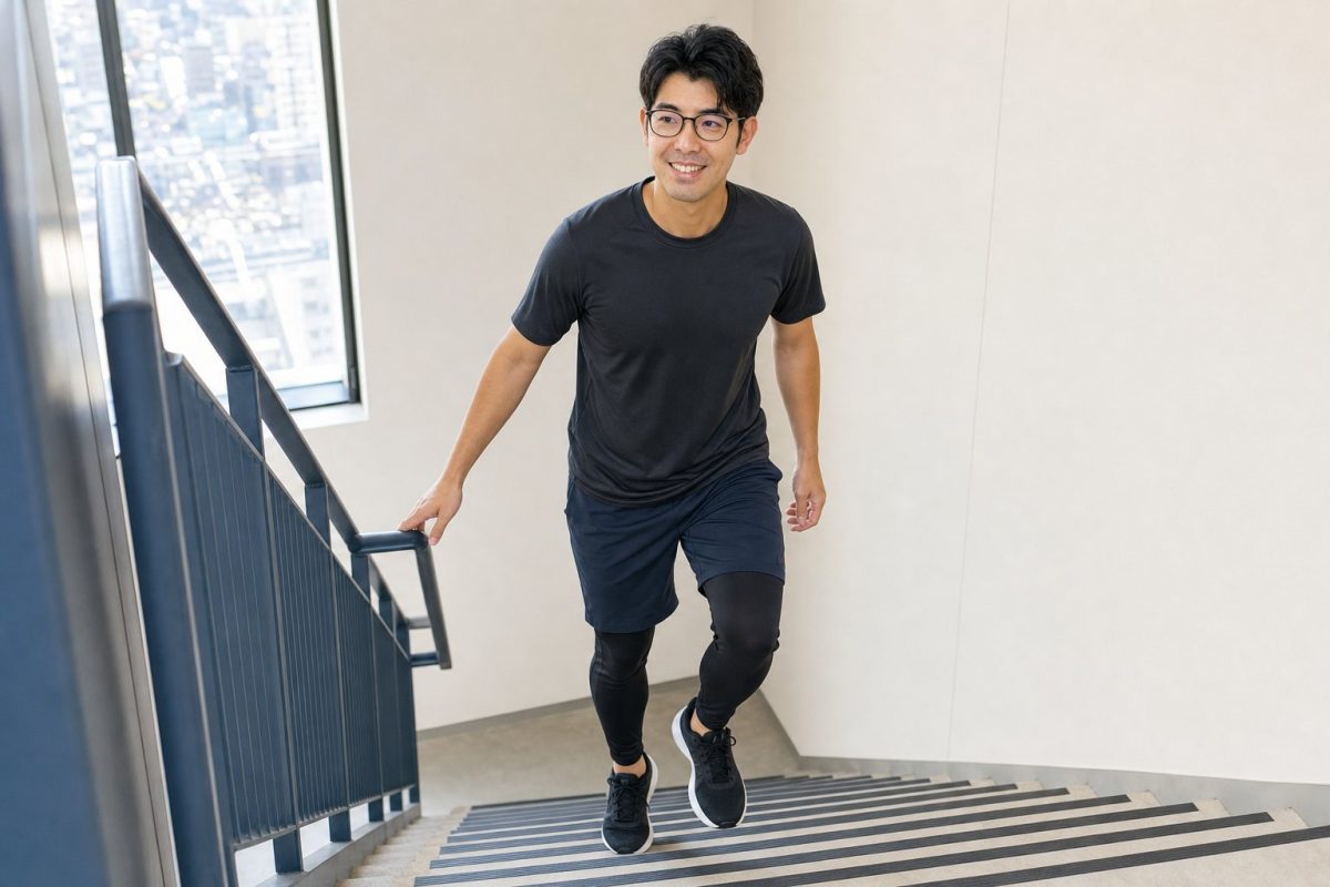 オフィスの階段でトレーニングする男性
