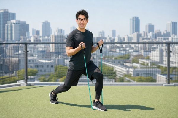 屋上でチューブトレーニングする男性