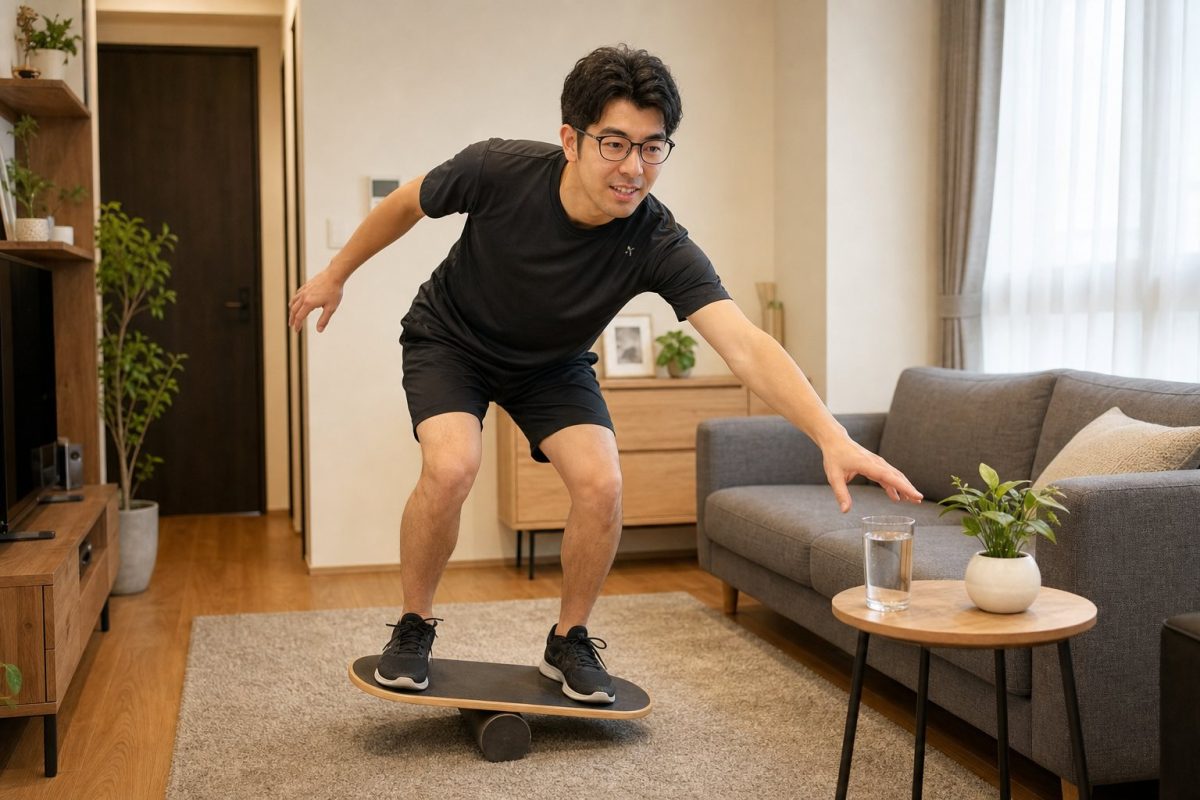バランスボードに乗る男性