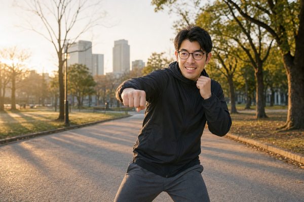 公園でシャドーボクシングする男性