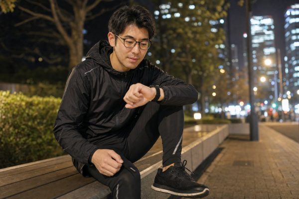 夜ランの準備をする男性