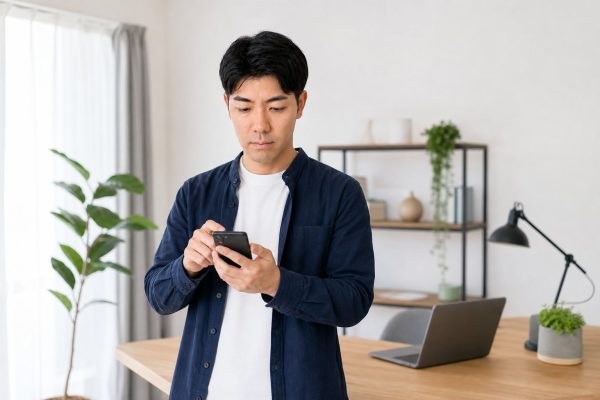 スマホを両手で操作する男性