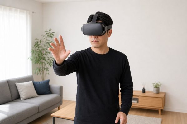 VRゴーグルを着けて手を伸ばす男性