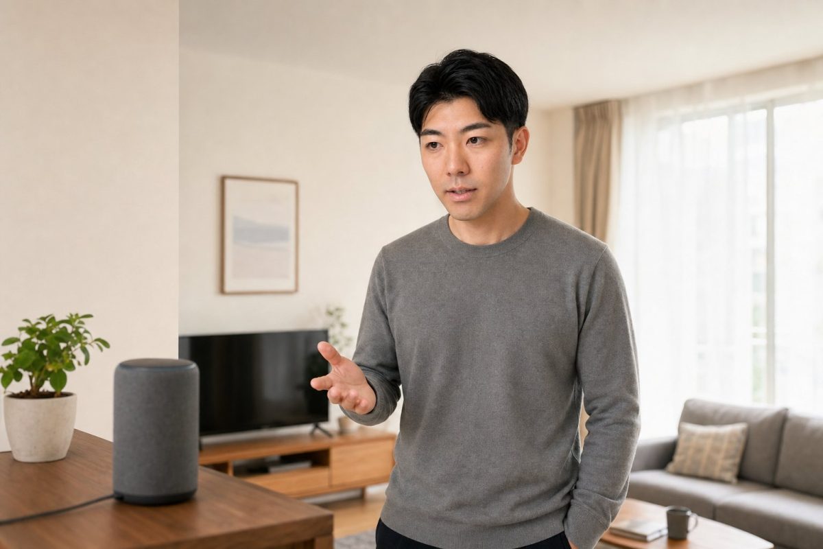 スマートスピーカーに話しかける男性
