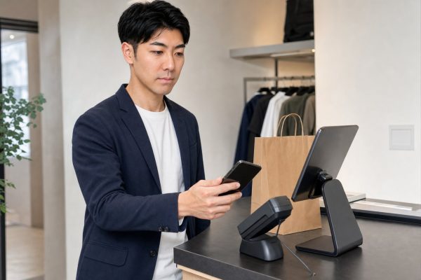 レジでキャッシュレス決済する男性