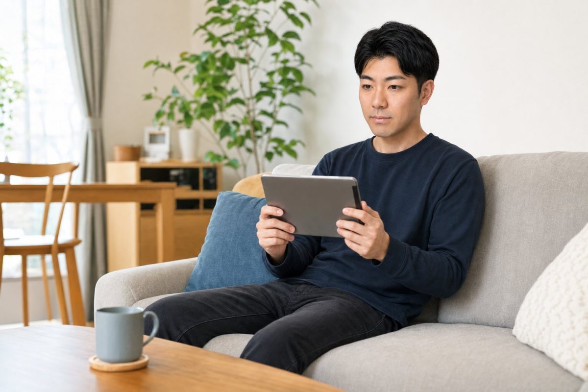 ソファでタブレットの動画を見る男性
