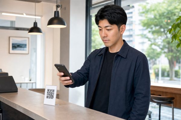 スマホでQRコードを読み取る男性