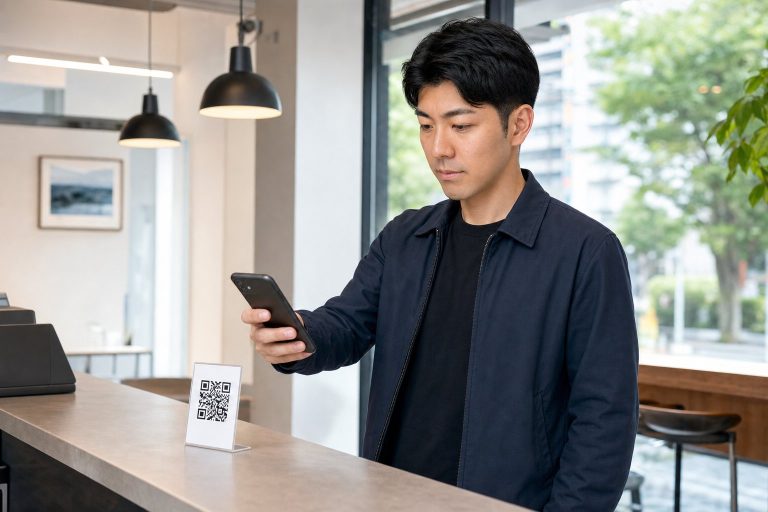 スマホでQRコードを読み取る男性