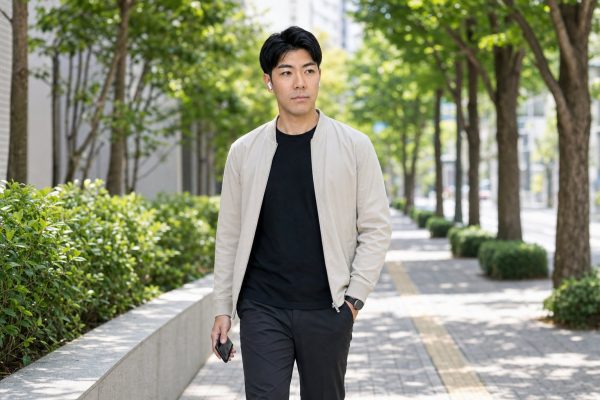 イヤホンで音楽を聴きながら歩く男性