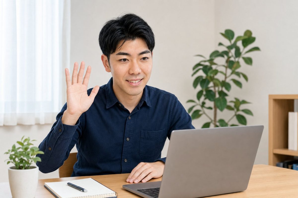 ビデオ通話で手を振る男性