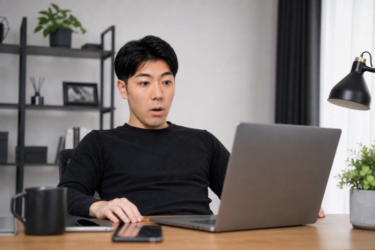 パソコンの画面を見て驚く男性