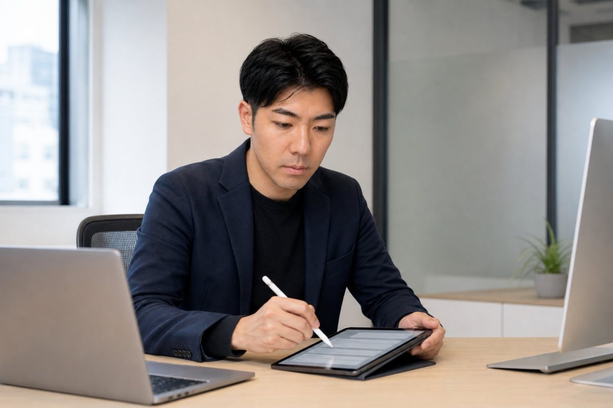 タブレットで電子サインをする男性