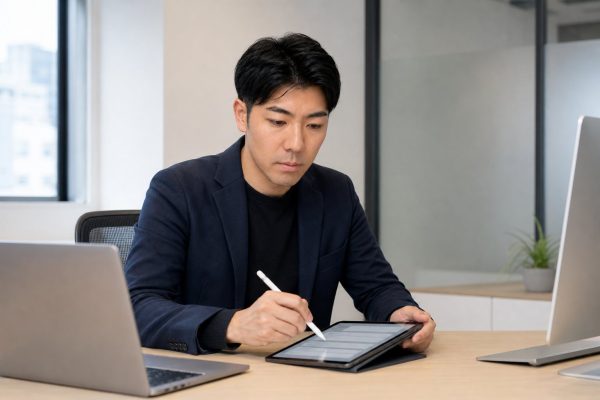 タブレットで電子サインをする男性