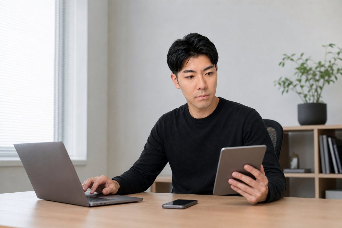 複数のデバイスを並べて作業する男性