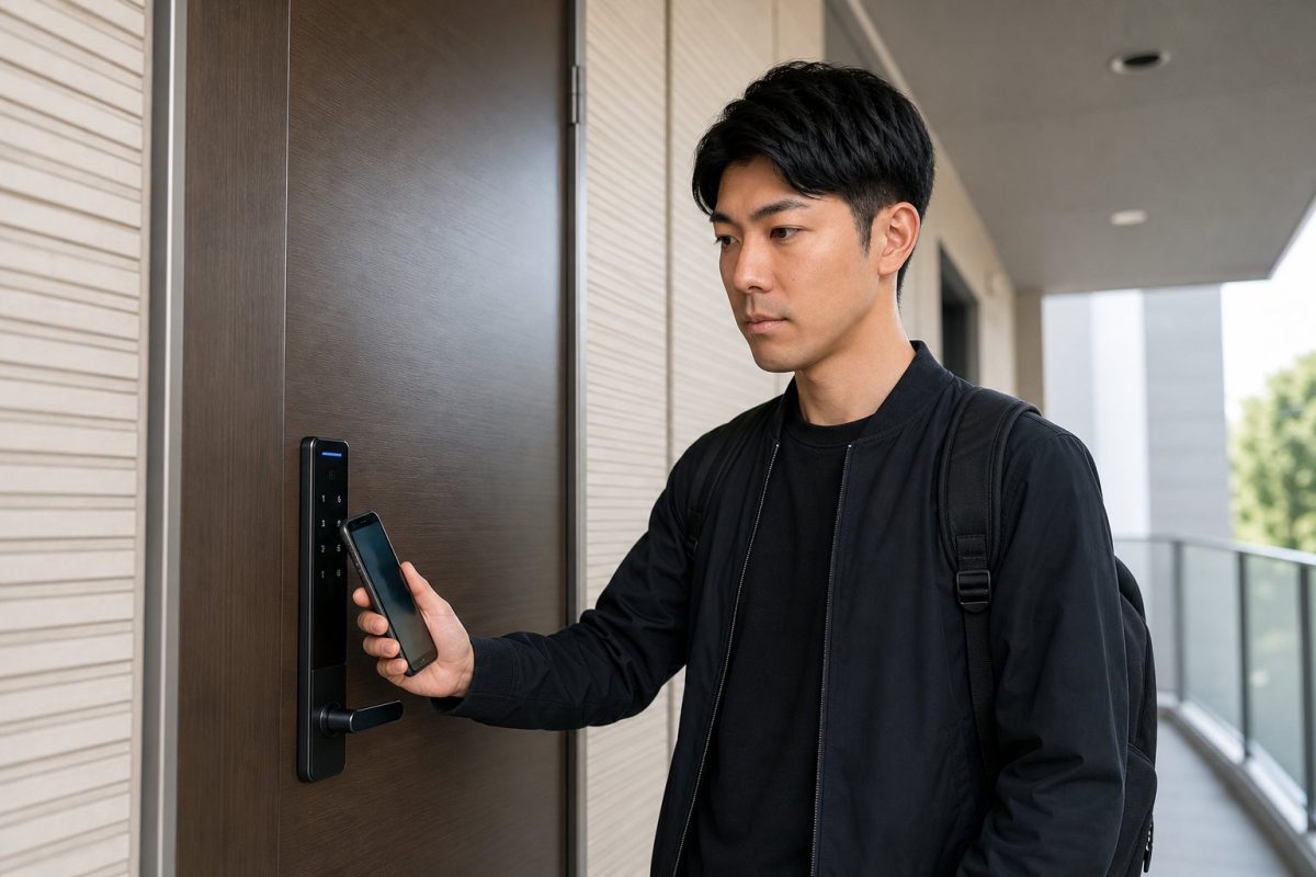 スマートロックを操作する男性