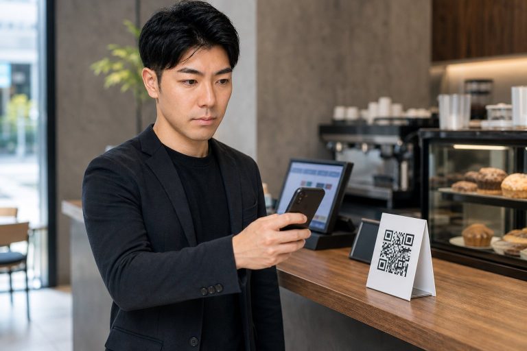 店頭のQRコードをスキャンする男性