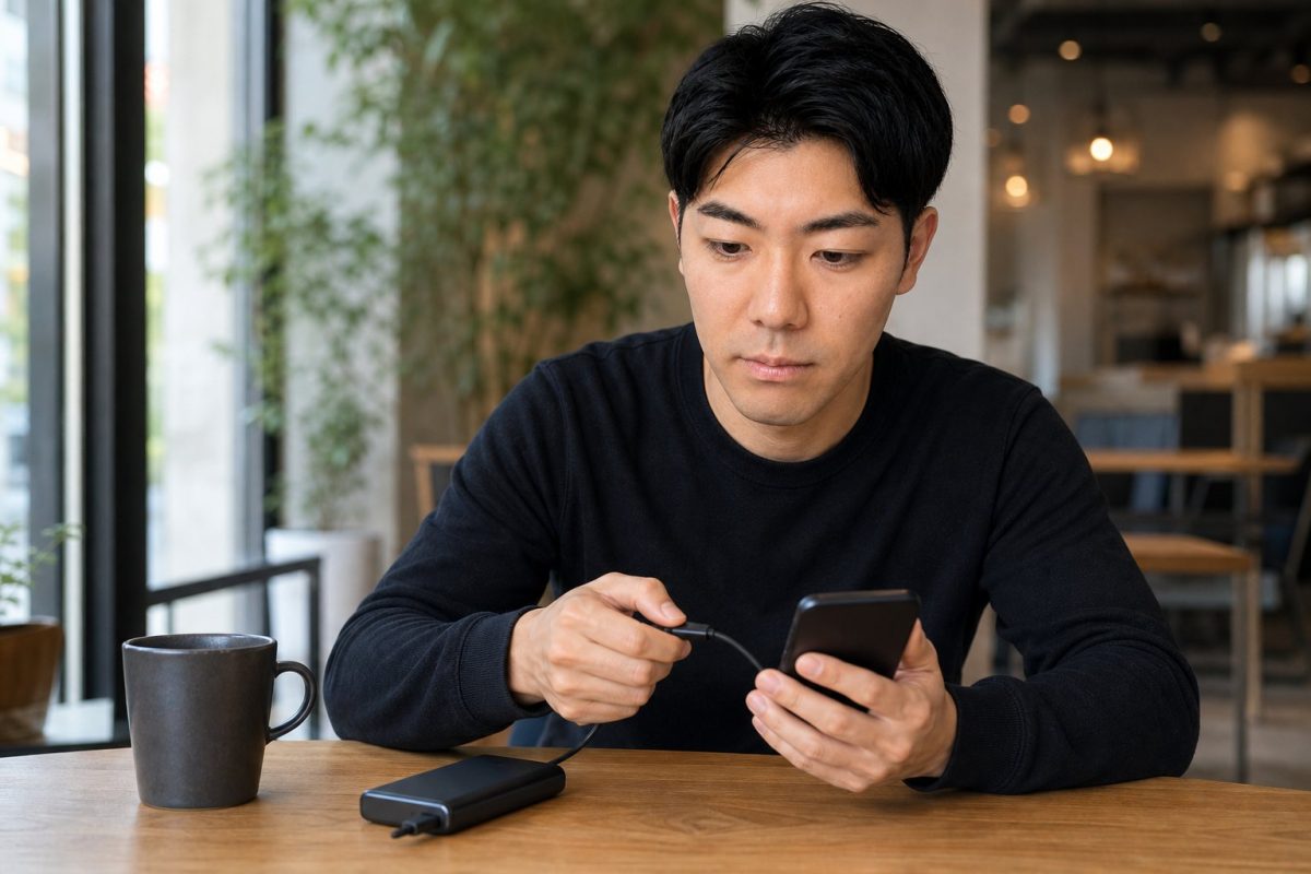 モバイルバッテリーを接続する男性