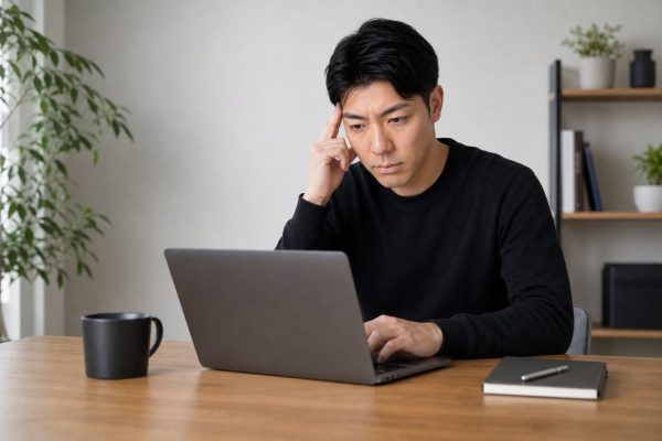 パスワード入力に手こずる男性