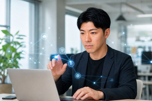 ノートPCでAIネットワークを扱う男性