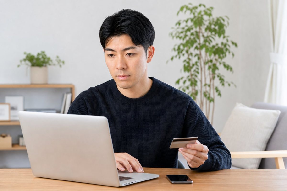 ノートPCでオンラインショッピングする男性