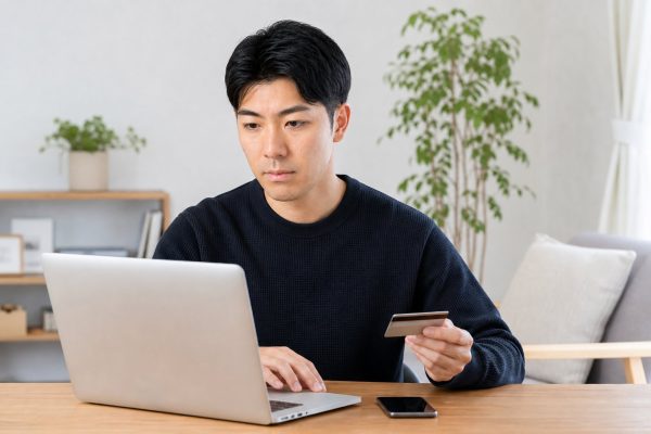 ノートPCでオンラインショッピングする男性