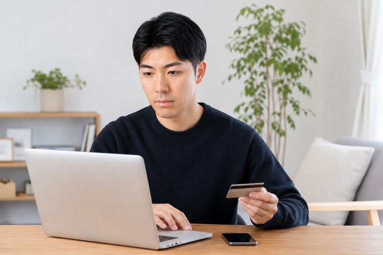 ノートPCでオンラインショッピングする男性