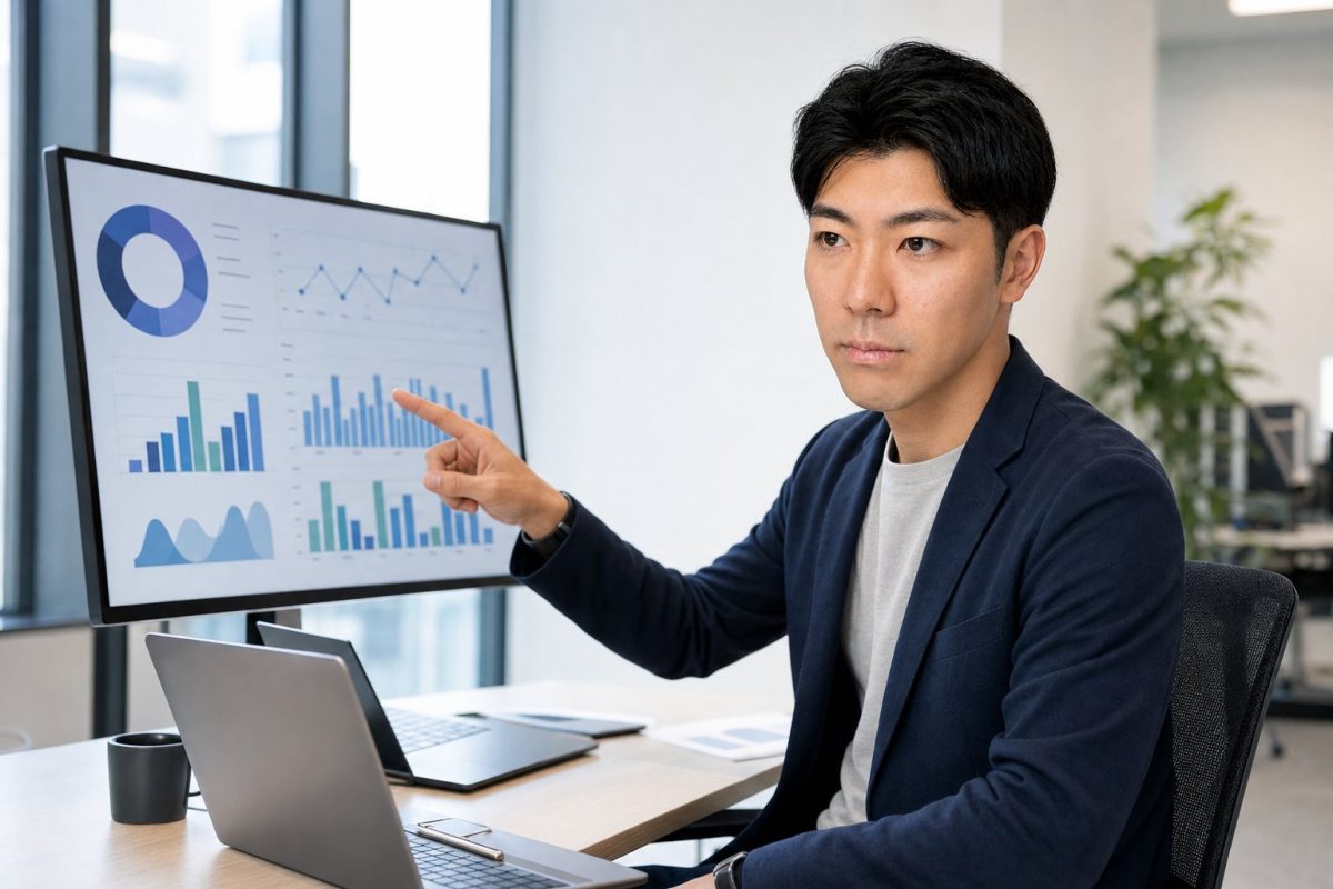 データ分析ダッシュボードを確認する男性