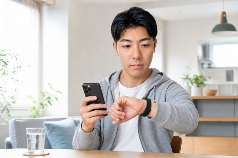 スマートウォッチと健康アプリを連携する男性