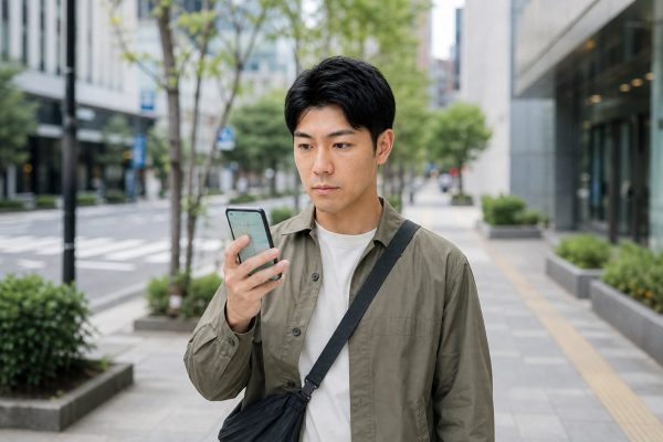 地図アプリで街を移動する男性