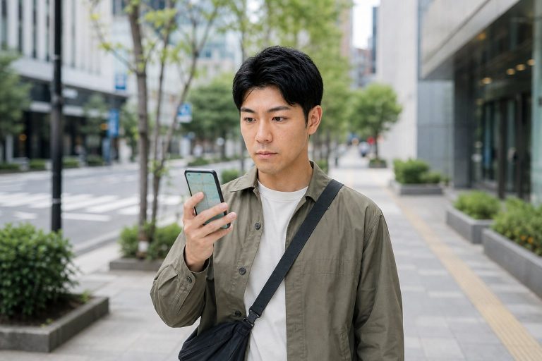 地図アプリで街を移動する男性