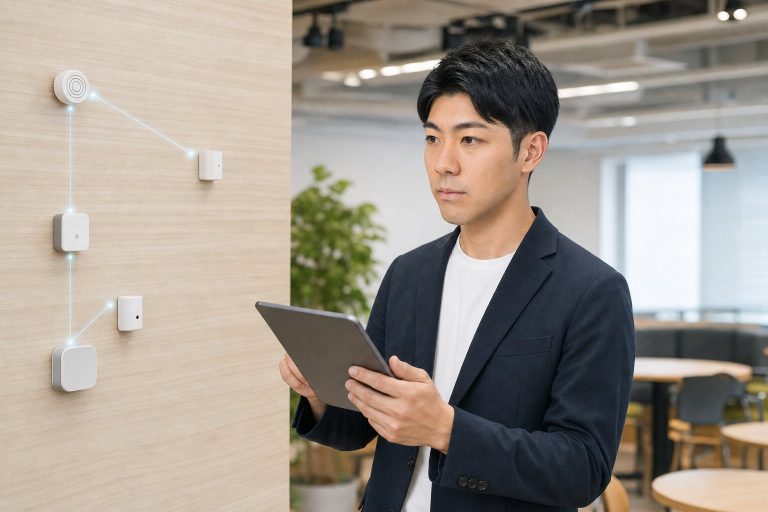 タブレットでIoTセンサーを管理する男性