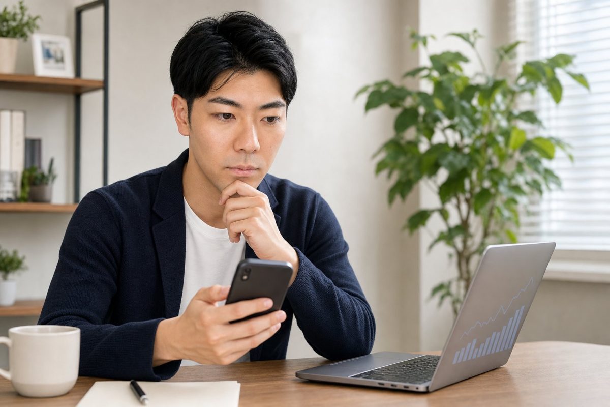 投資アプリとPCで資産を確認する男性